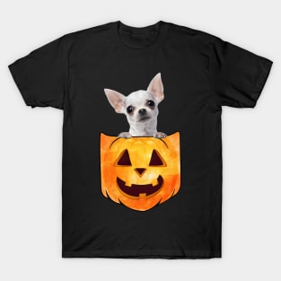 White Chihuahua Dog In Pumpkin Pocket Halloween T-Shirt